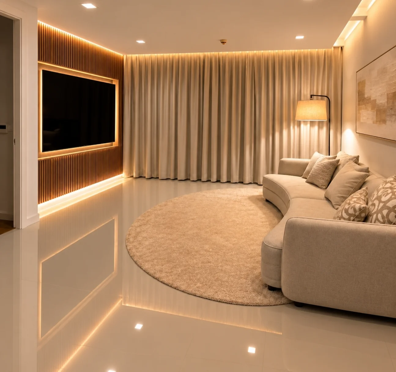 Warmly lit contemporary lounge with TV wall and pale sofa